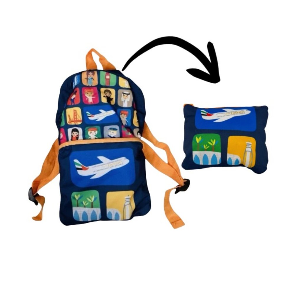 Emirates Kids Packable Backpack Airline Travel Bag Folds Into Pouch